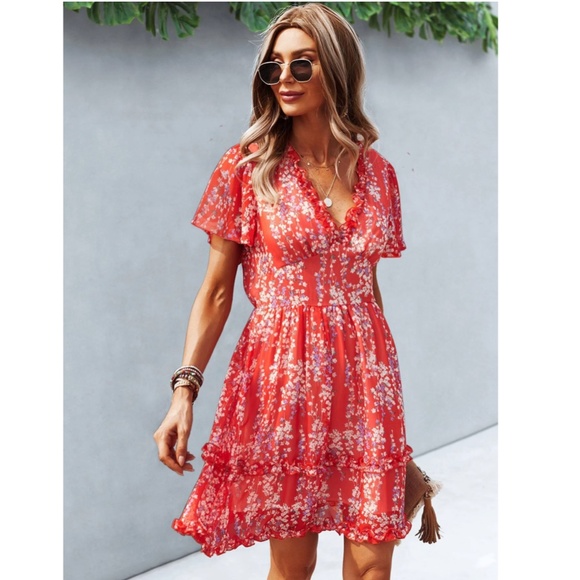 Floral Red Dress Summer V-Neck Short Mini - Picture 2 of 7